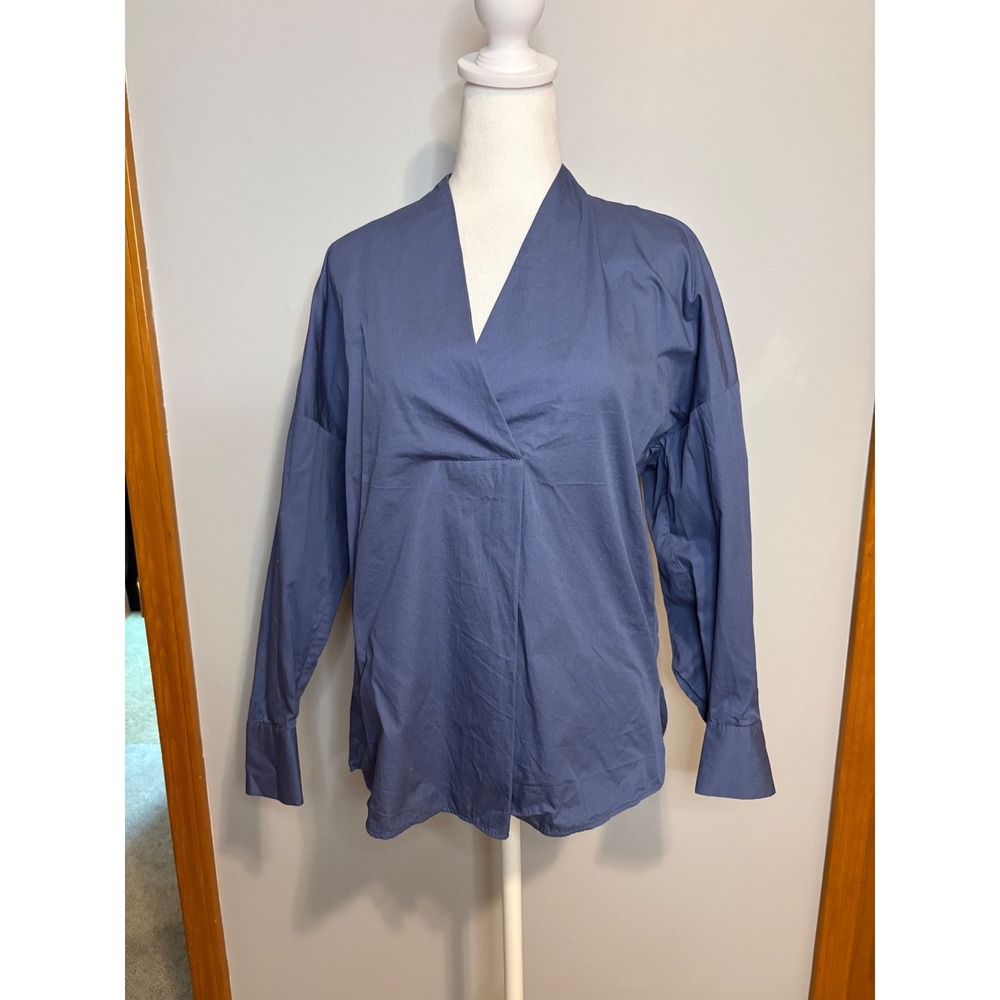 Adolfo Dominguez Blue 100% Cotton Spain Designer V-Neck long sleeve Blouse Small